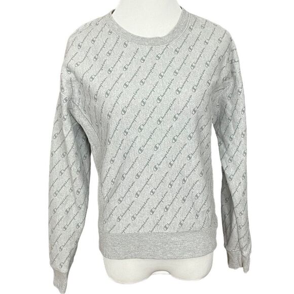 Champion Reverse Weave Gray AOP Spell Out Crewneck Sweatshirt S - Picture 1 of 6